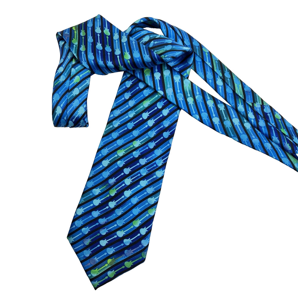 Carlos Santana Silk Tie "Rhytm" Guitars Blue Stripe Music Rock Work Necktie 3.5"